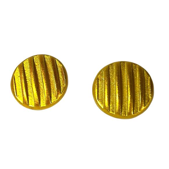 Gold Painted Earrings, Vintage Round 1 1/4" inches Deep Ridges Plastic Pierced - Picture 6 of 6